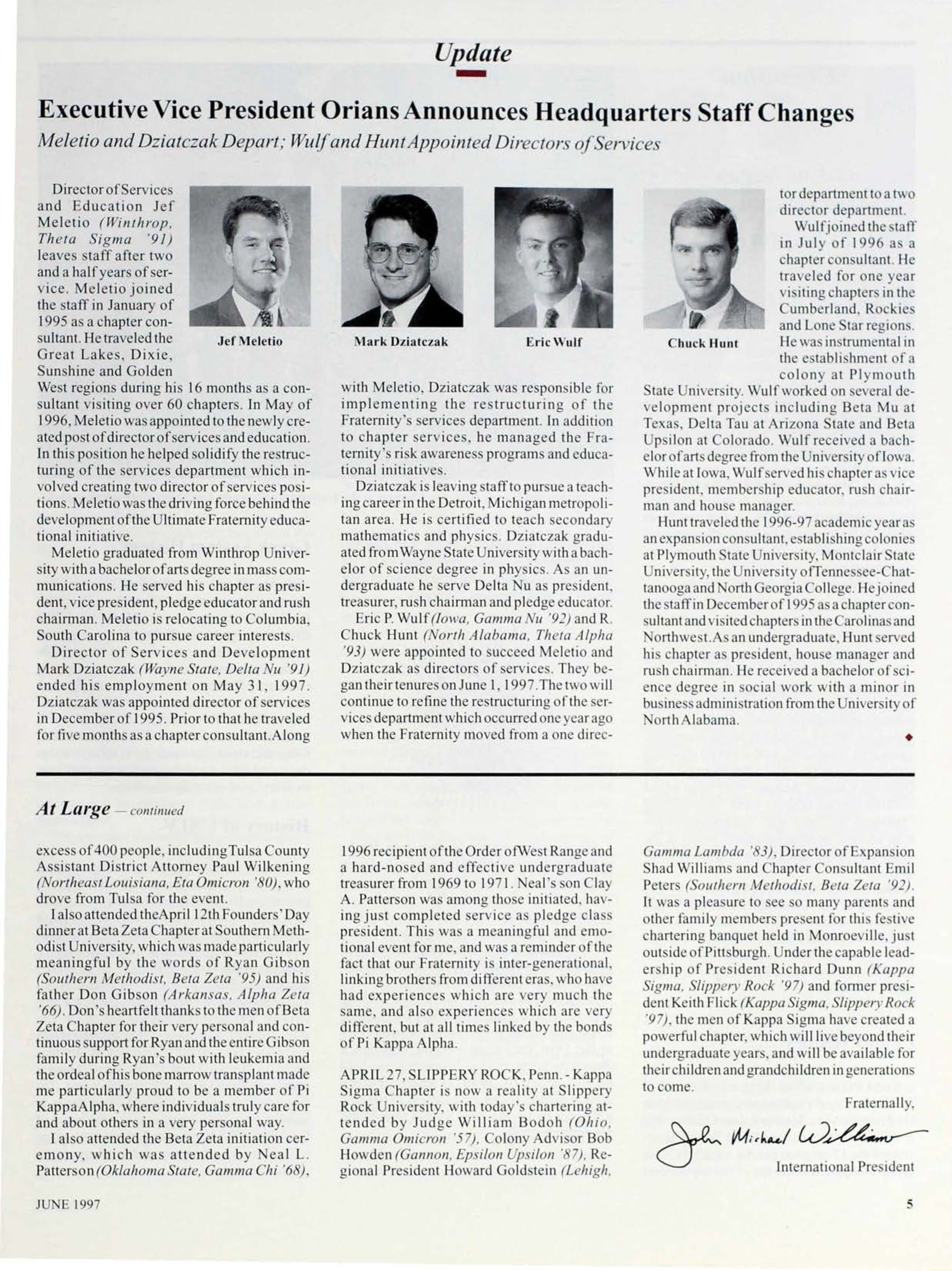 Update: Executive Vice President Orians Announces Headquarters Staff Changes